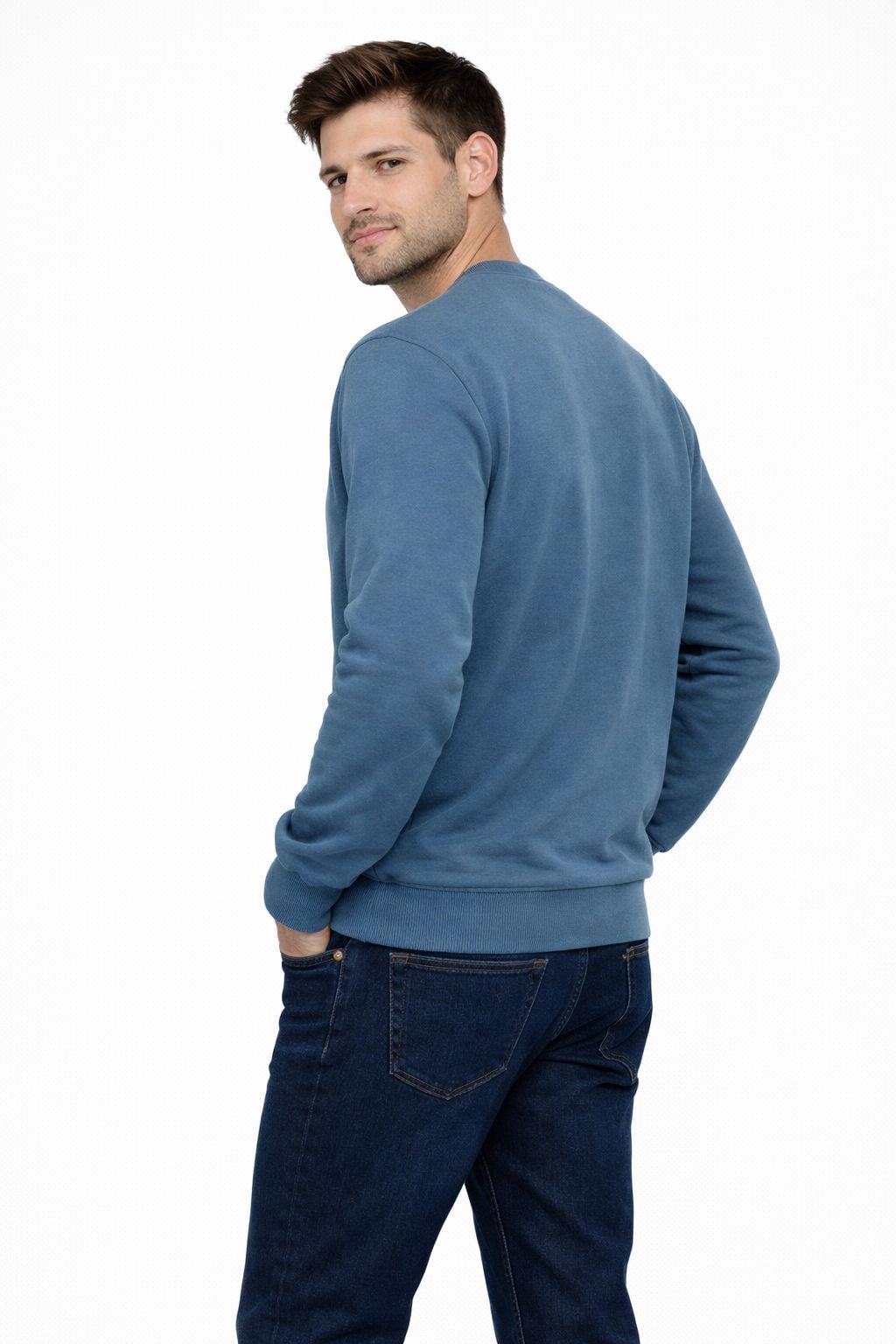Erkek Bisiklet Yaka Regular Fit 3 İplik Pamuklu Mavi Sweatshirt