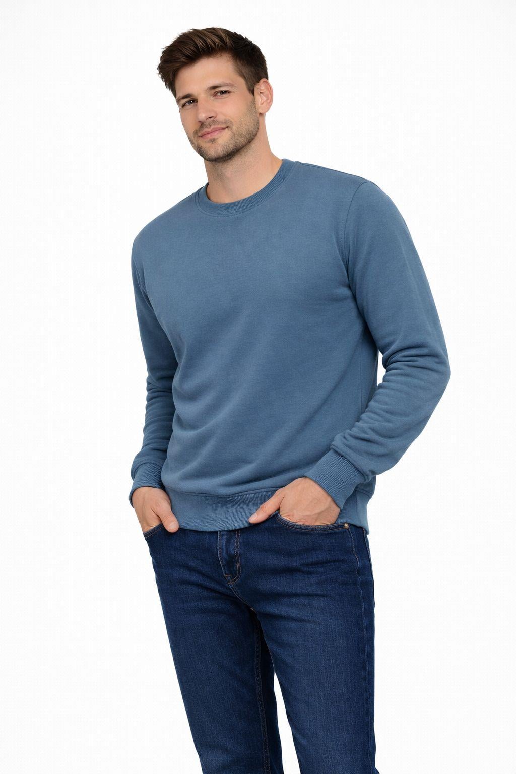 Erkek Bisiklet Yaka Regular Fit 3 İplik Pamuklu Mavi Sweatshirt