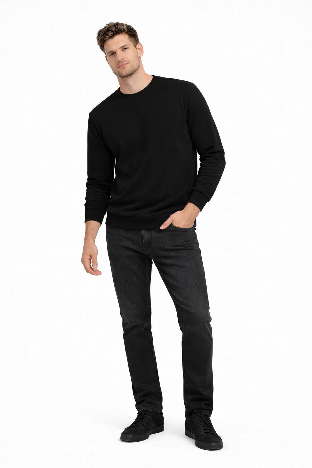 Erkek Bisiklet Yaka Regular Fit 3 İplik Pamuklu Siyah Sweatshirt