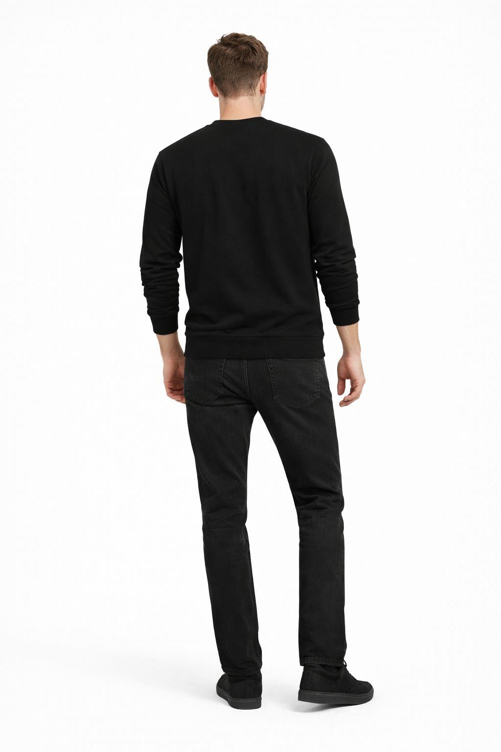 Erkek Bisiklet Yaka Regular Fit 3 İplik Pamuklu Siyah Sweatshirt