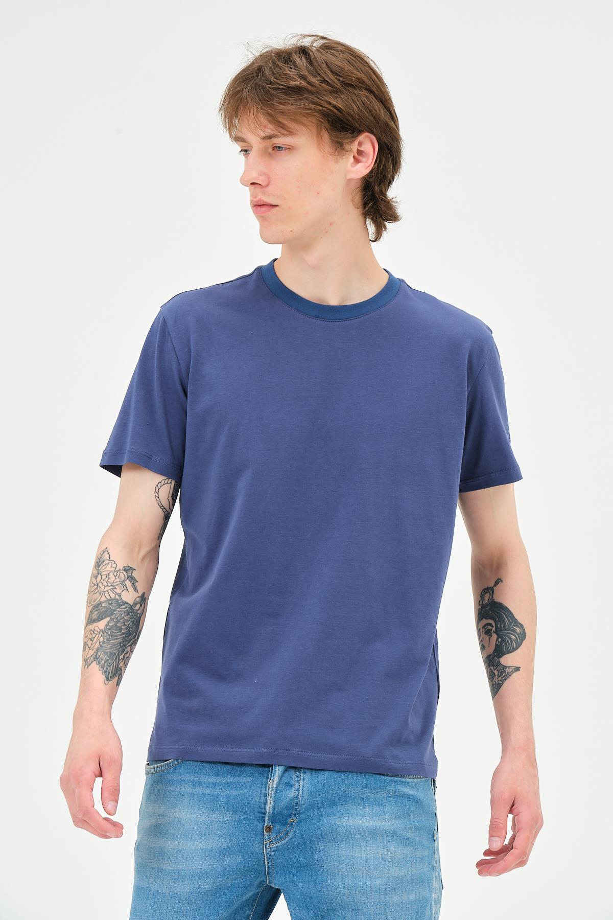 Erkek Bisiklet Yaka Regular Kalıp T-shirt  İndigo