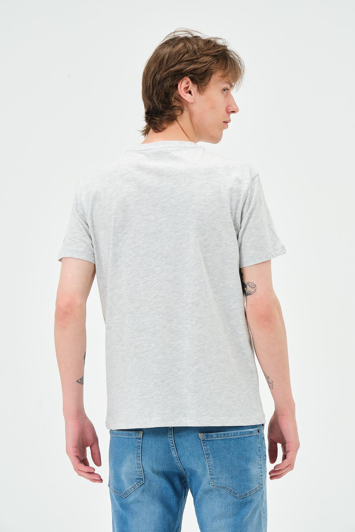 Erkek Bisiklet Yaka Regular Kalıp T-shirt  Kar Melanj