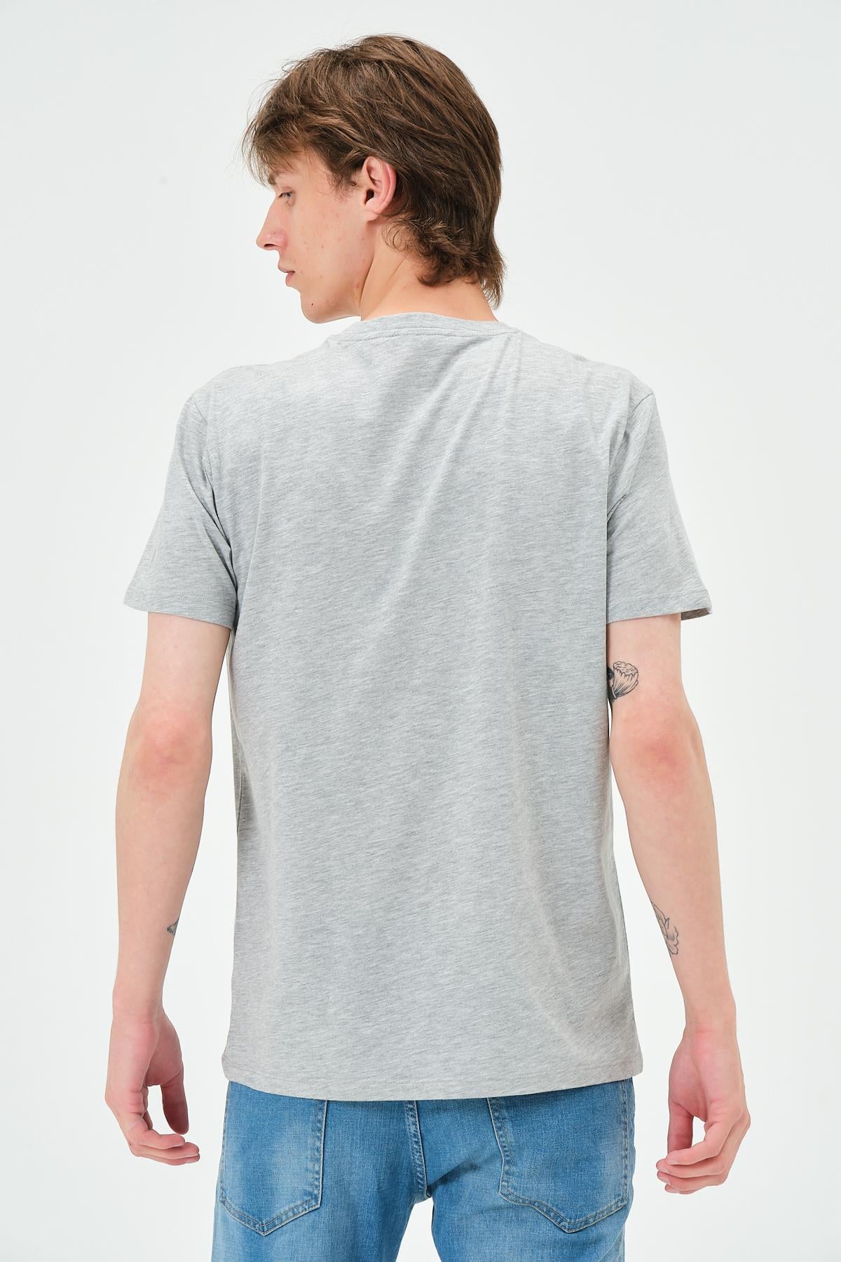 Erkek Bisiklet Yaka Regular Kalıp T-shirt Gri Melanj