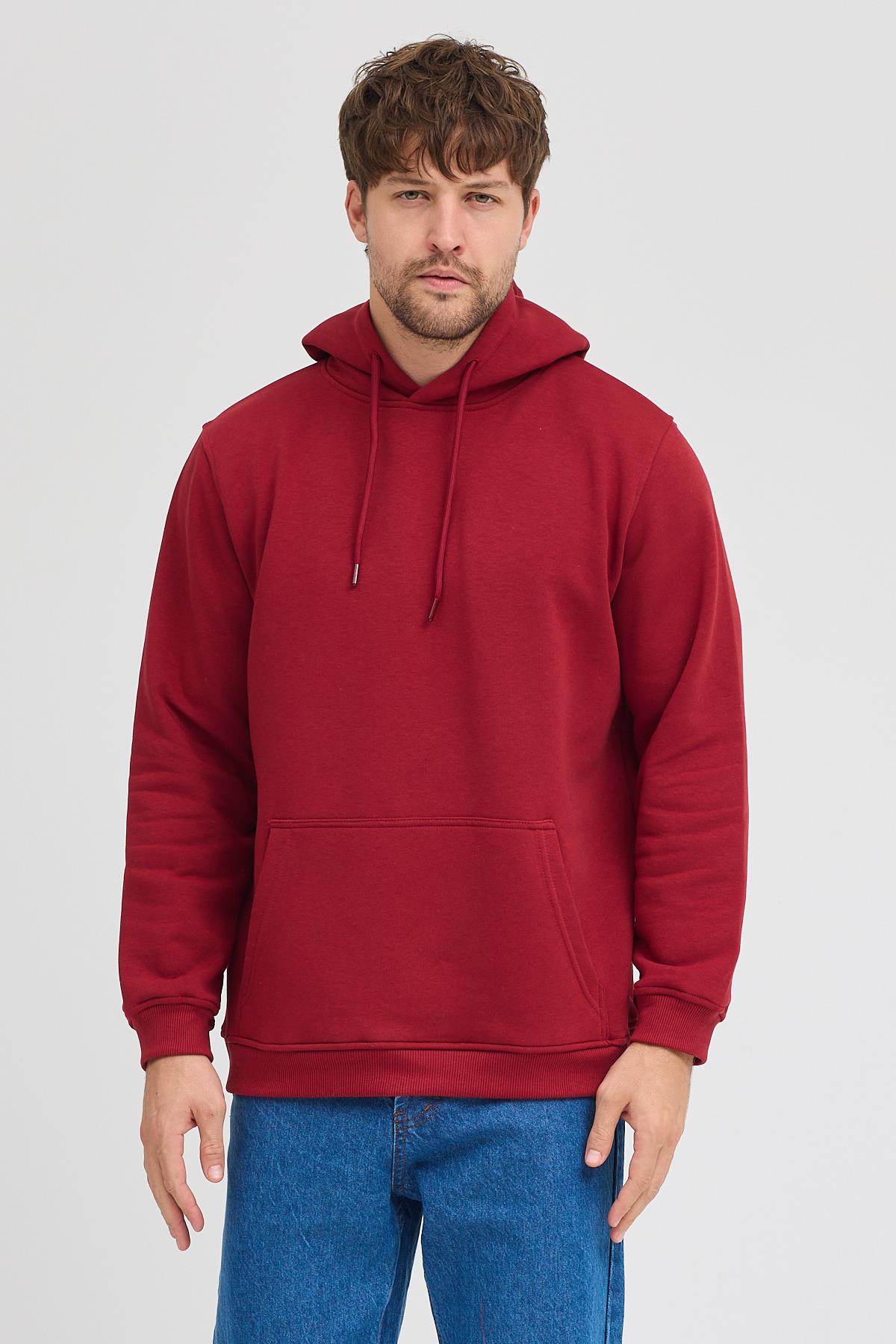 Erkek Bordo Standart Fit Normal Kesim Içi Polarlı 3 Iplik Kapüşonlu Pamuklu Sweatshirt