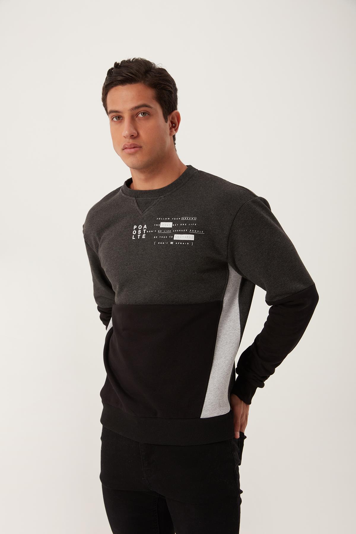 Erkek 3 İplik Pamuklu İçi Polarlı Baskılı 3 renkli Basic Bisiklet Yaka Siyah Sweatshirt