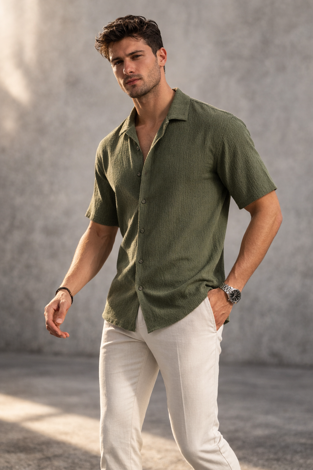 Erkek Crinkle Kumaş Regular Fit Gömlek Yeşil