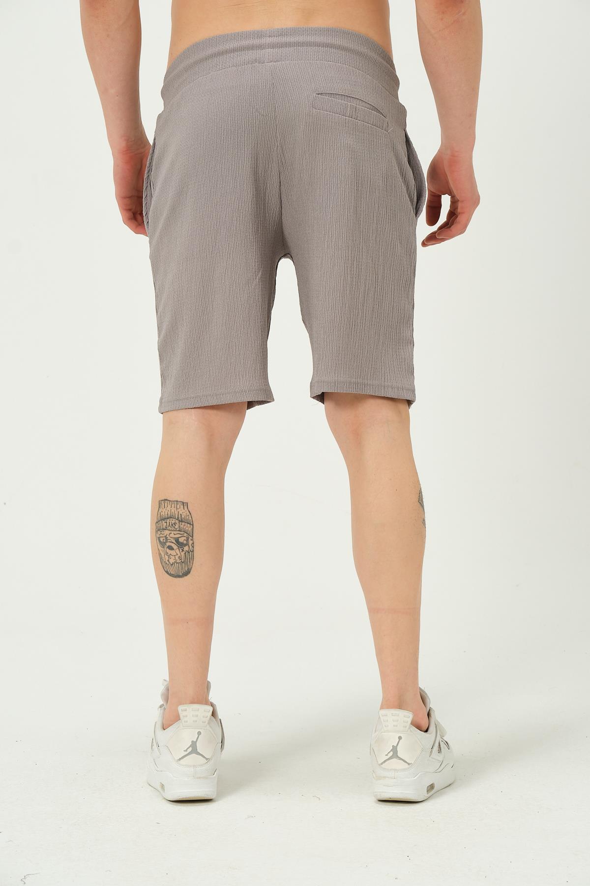 Erkek Crinkle Kumaş Regular Fit Şort Gri