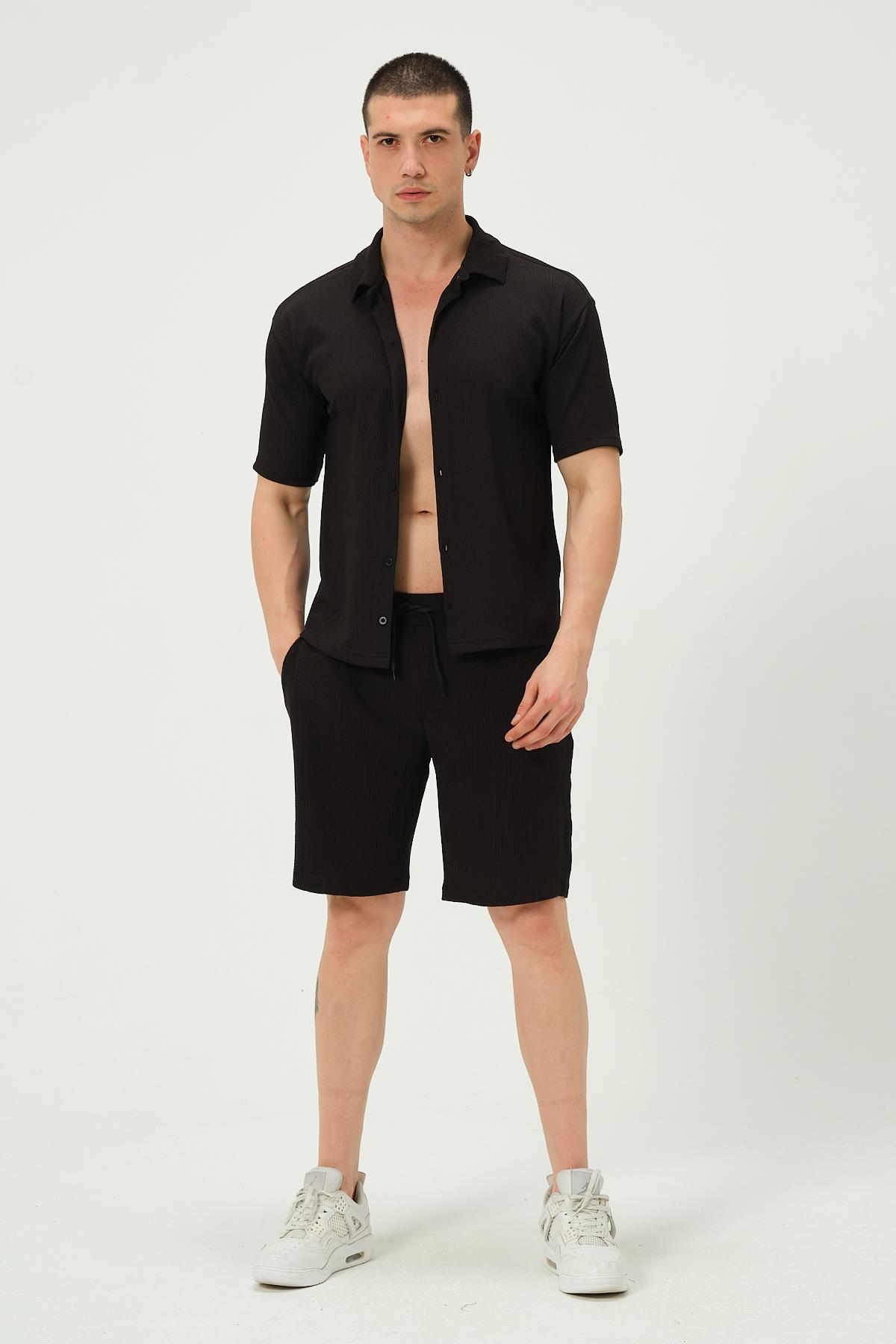 Erkek Crinkle Kumaş Regular Fit Şort Siyah