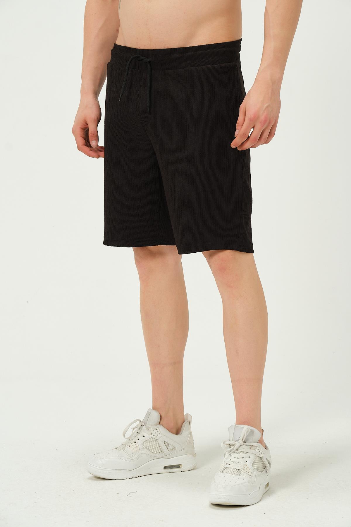 Erkek Crinkle Kumaş Regular Fit Şort Siyah