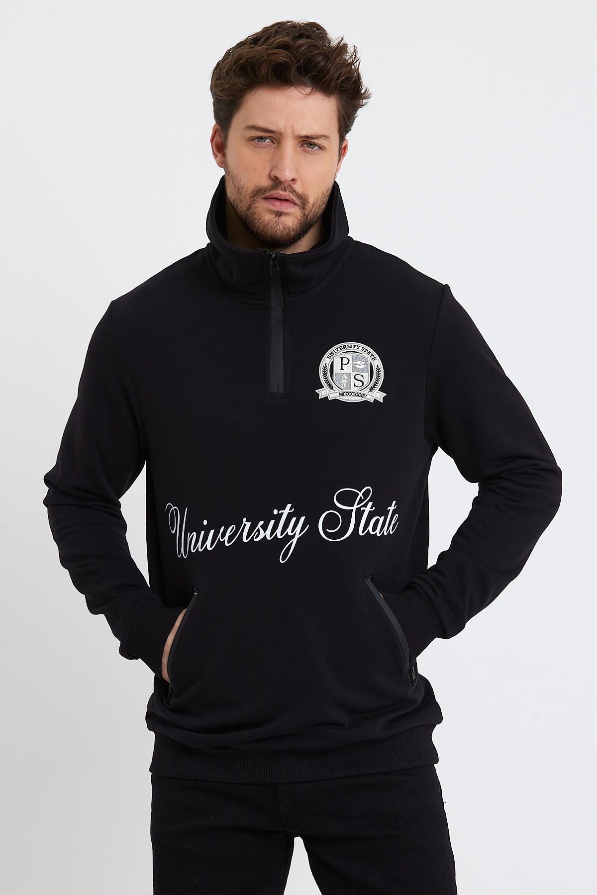 Erkek Relax Fit 3 İplik Rahat Kesim Pamuklu İçi Polarlı Yarım Fermuarlı Dik Yaka Siyah Sweatshirt