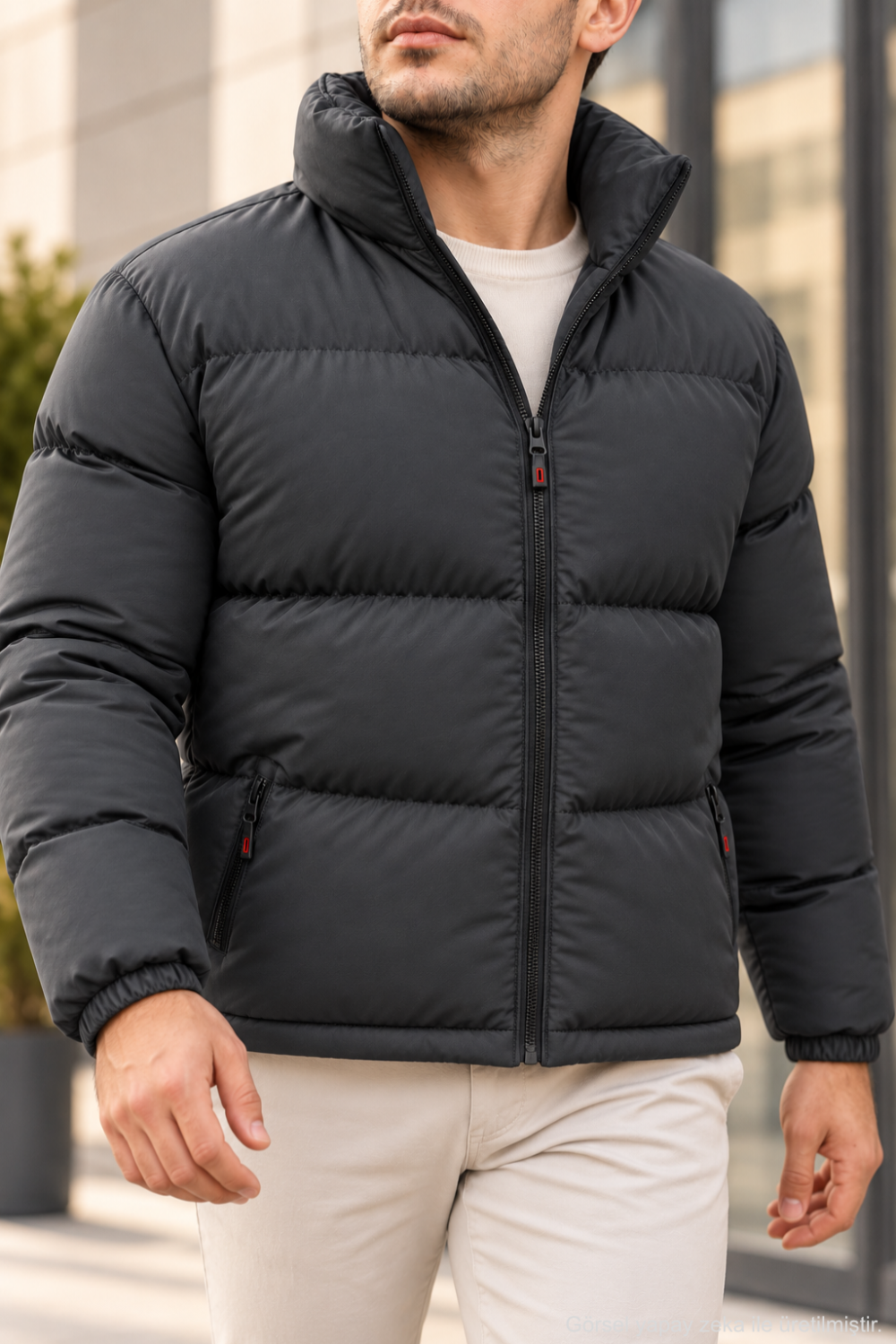 Erkek Dik Yaka Fermuarlı Kapitone Şişme Mont - Siyah
