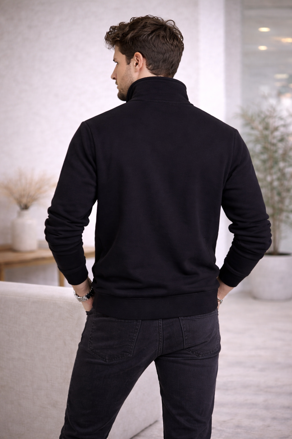 Erkek Dik Yaka Yarım Fermuarlı Baskılı Sweatshirt Siyah