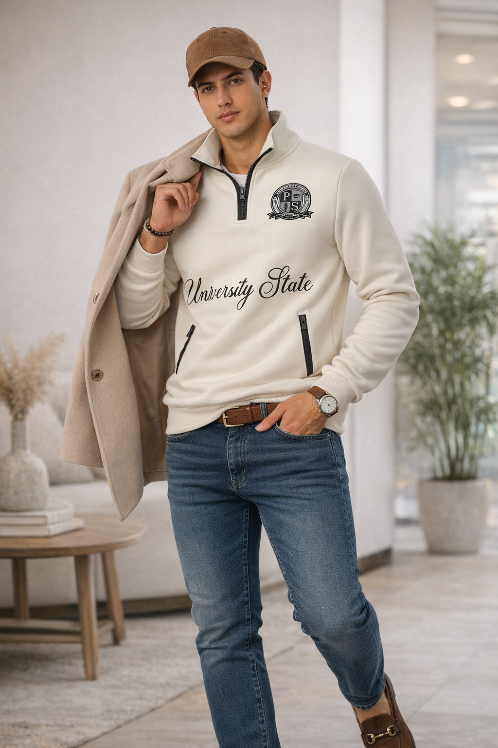Erkek Dik Yaka Yarım Fermuarlı Baskılı Sweatshirt Ekru