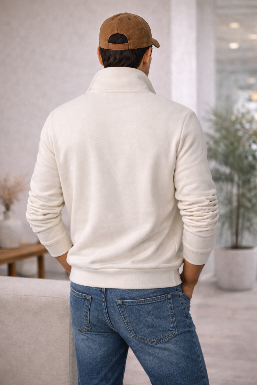 Erkek Dik Yaka Yarım Fermuarlı Baskılı Sweatshirt Ekru