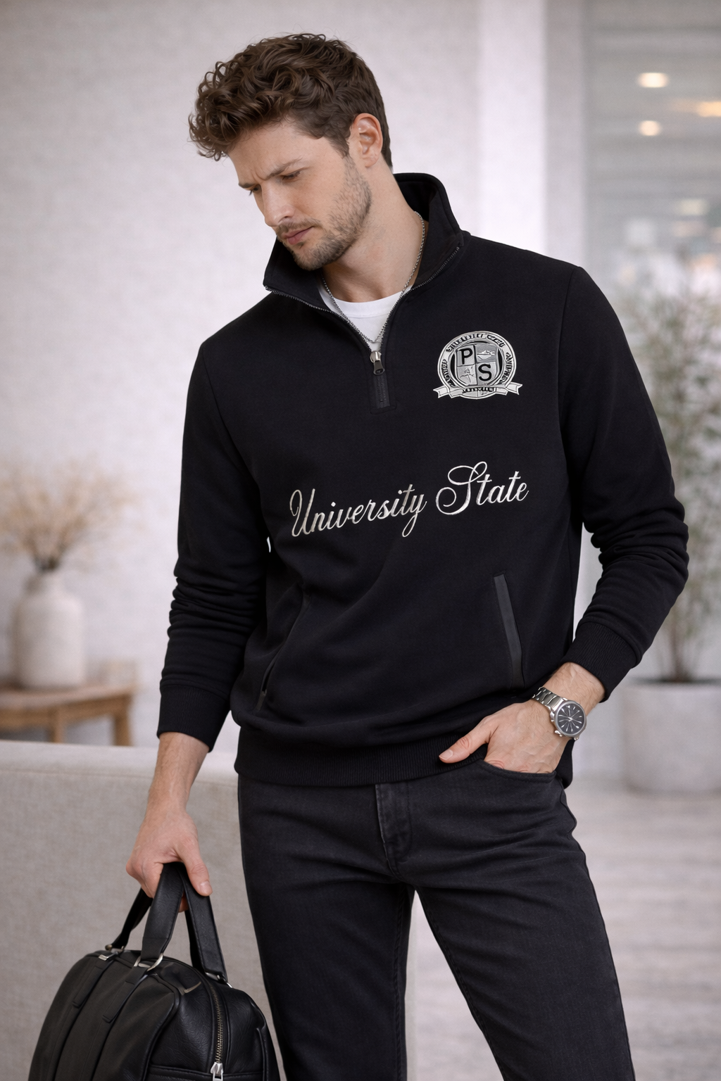 Erkek Dik Yaka Yarım Fermuarlı Baskılı Sweatshirt Siyah