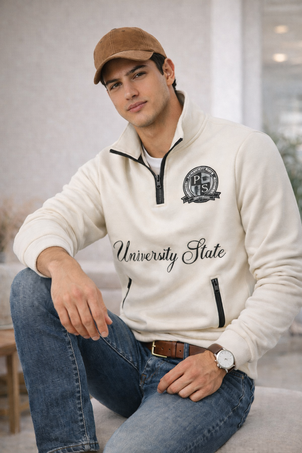 Erkek Dik Yaka Yarım Fermuarlı Baskılı Sweatshirt Ekru