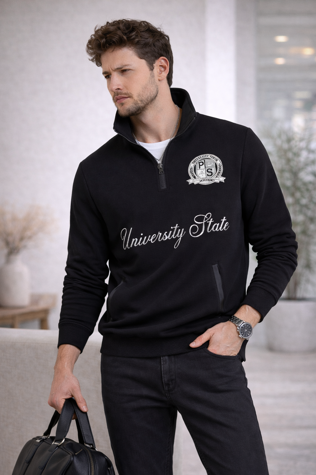 Erkek Dik Yaka Yarım Fermuarlı Baskılı Sweatshirt Siyah