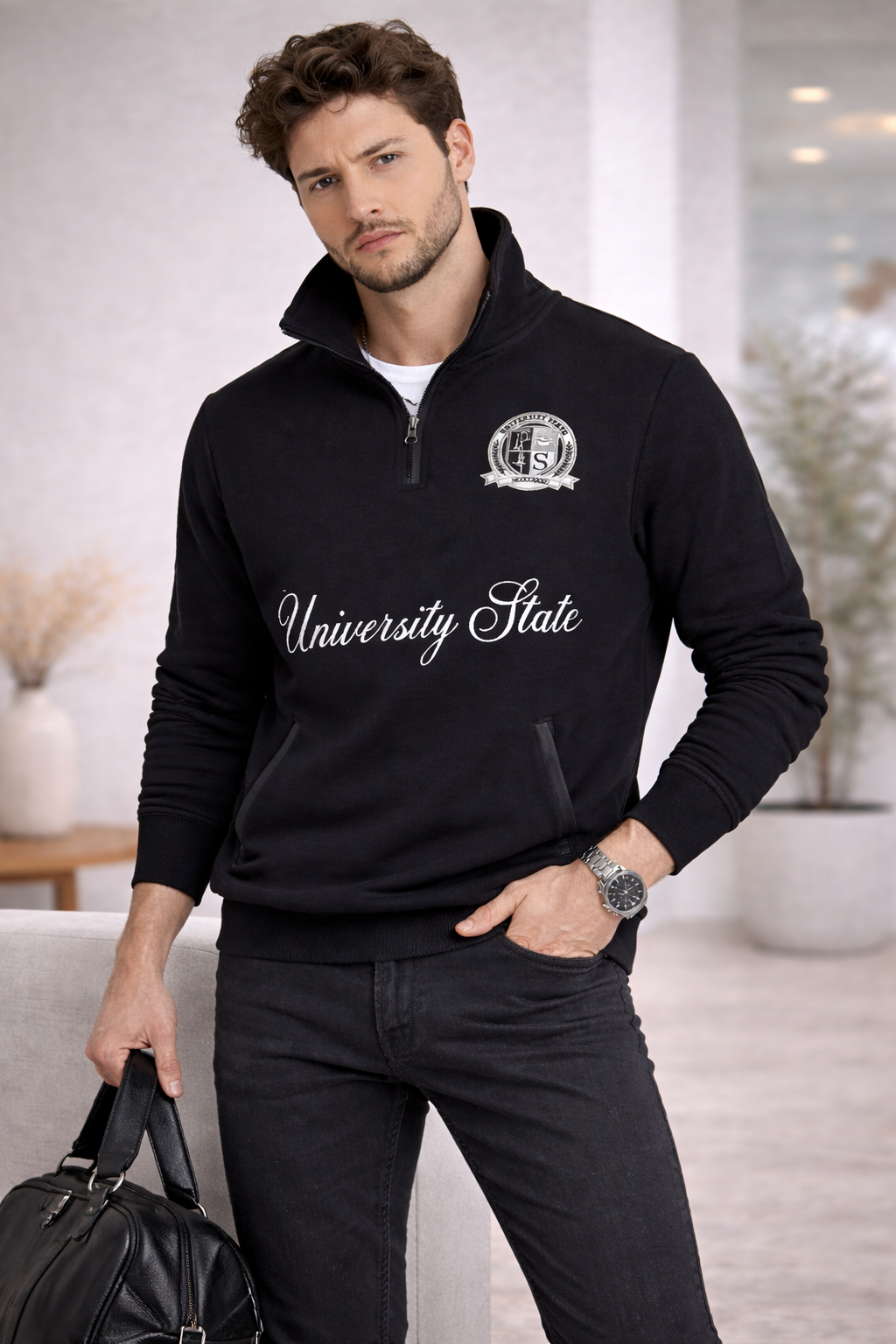 Erkek Dik Yaka Yarım Fermuarlı Baskılı Sweatshirt Siyah