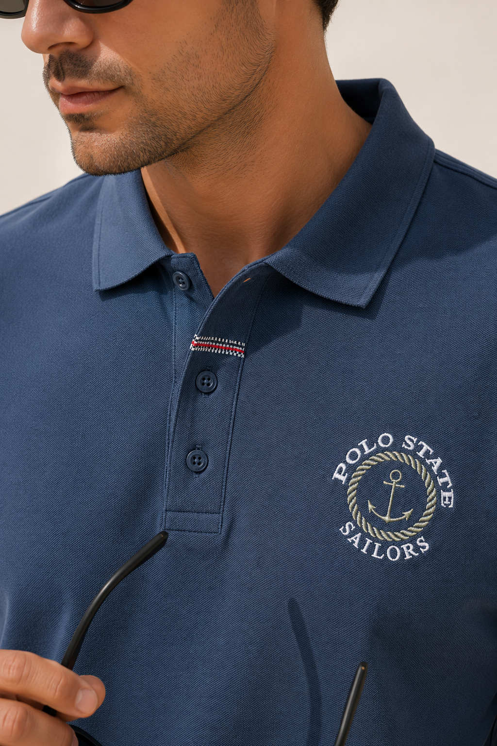 Erkek Duman Mavisi Polo Yaka Nakışlı Pike T-Shirt