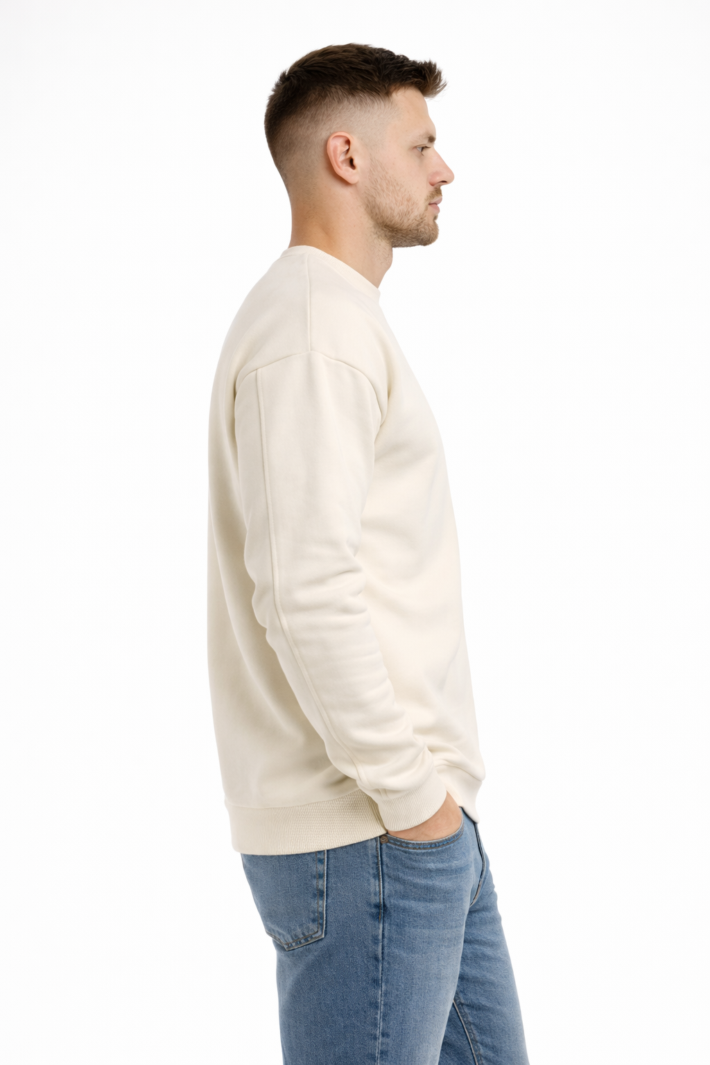 Erkek Ekru 3 İplik Şardonlu Kalın Basic Bisiklet Yaka Oversize Sweatshirt
