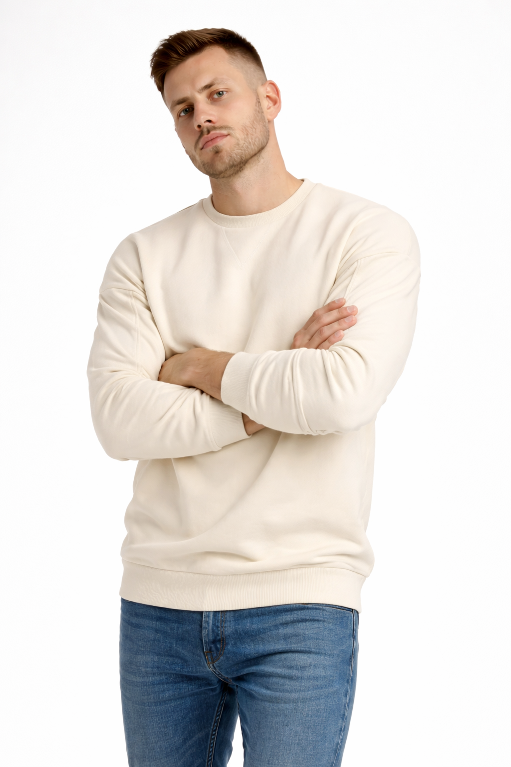 Erkek Ekru 3 İplik Şardonlu Kalın Basic Bisiklet Yaka Oversize Sweatshirt