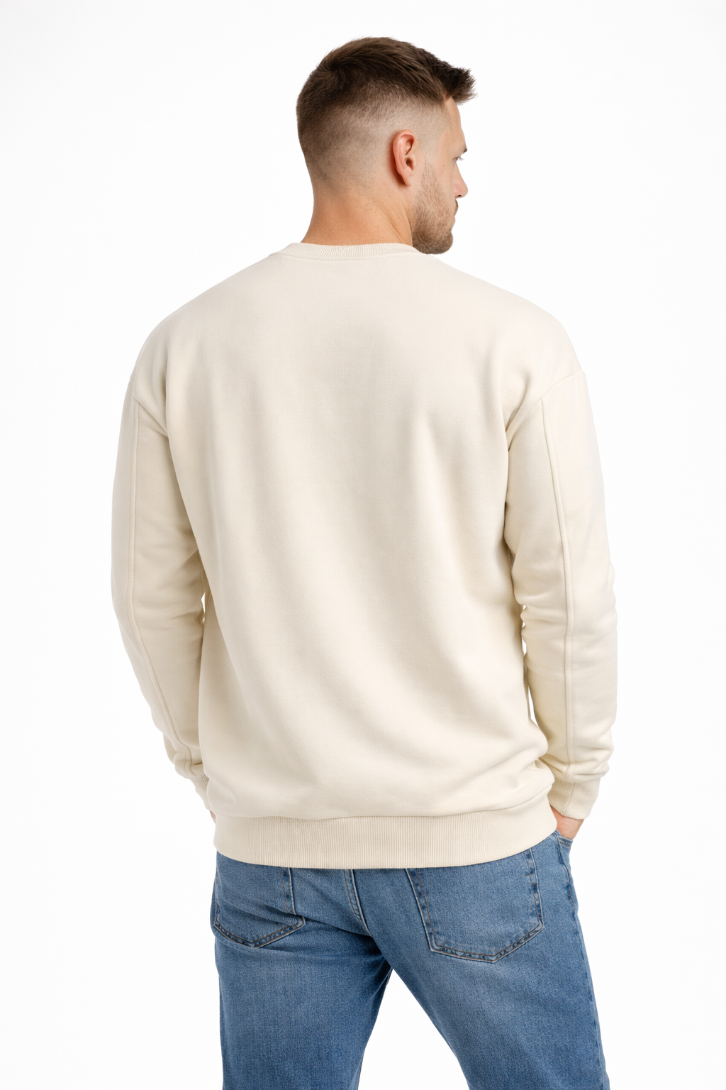 Erkek Ekru 3 İplik Şardonlu Kalın Basic Bisiklet Yaka Oversize Sweatshirt