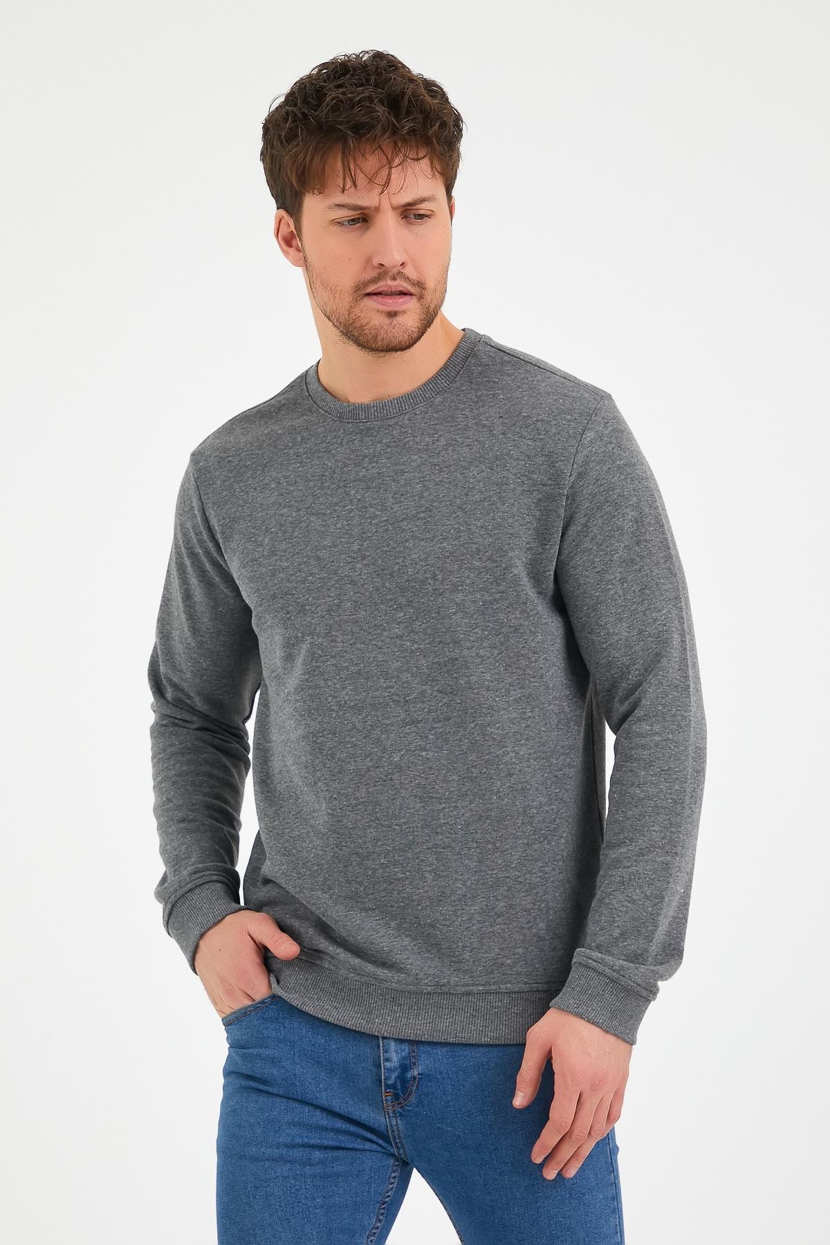 Erkek 3 İplik Pamuklu Regular Fit Basic Bisiklet Yaka Sweatshirt