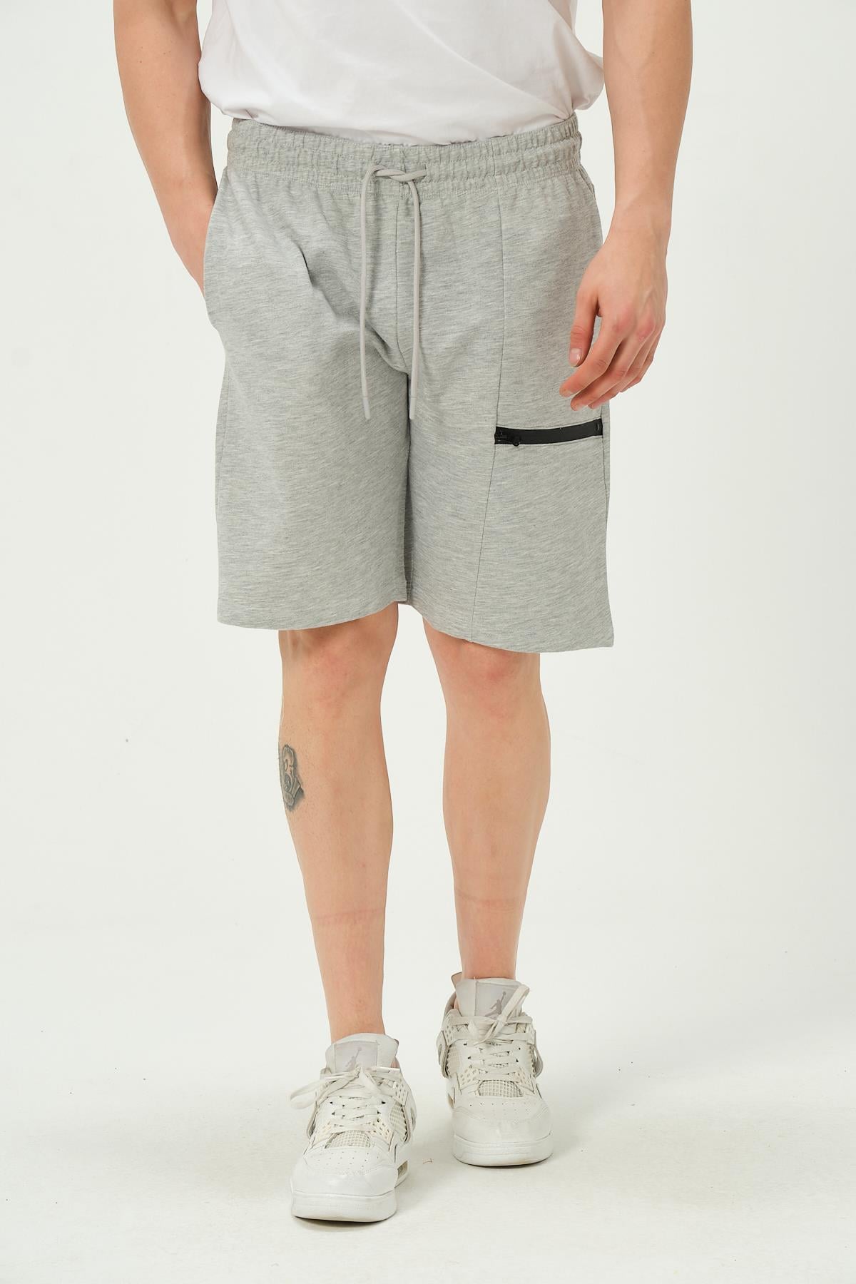 Erkek Fermuar Detaylı Şort Gri Melanj