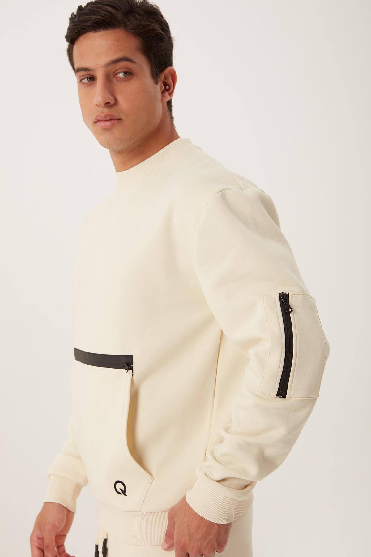 Erkek Fermuar Detaylı Sweatshirt Beyaz