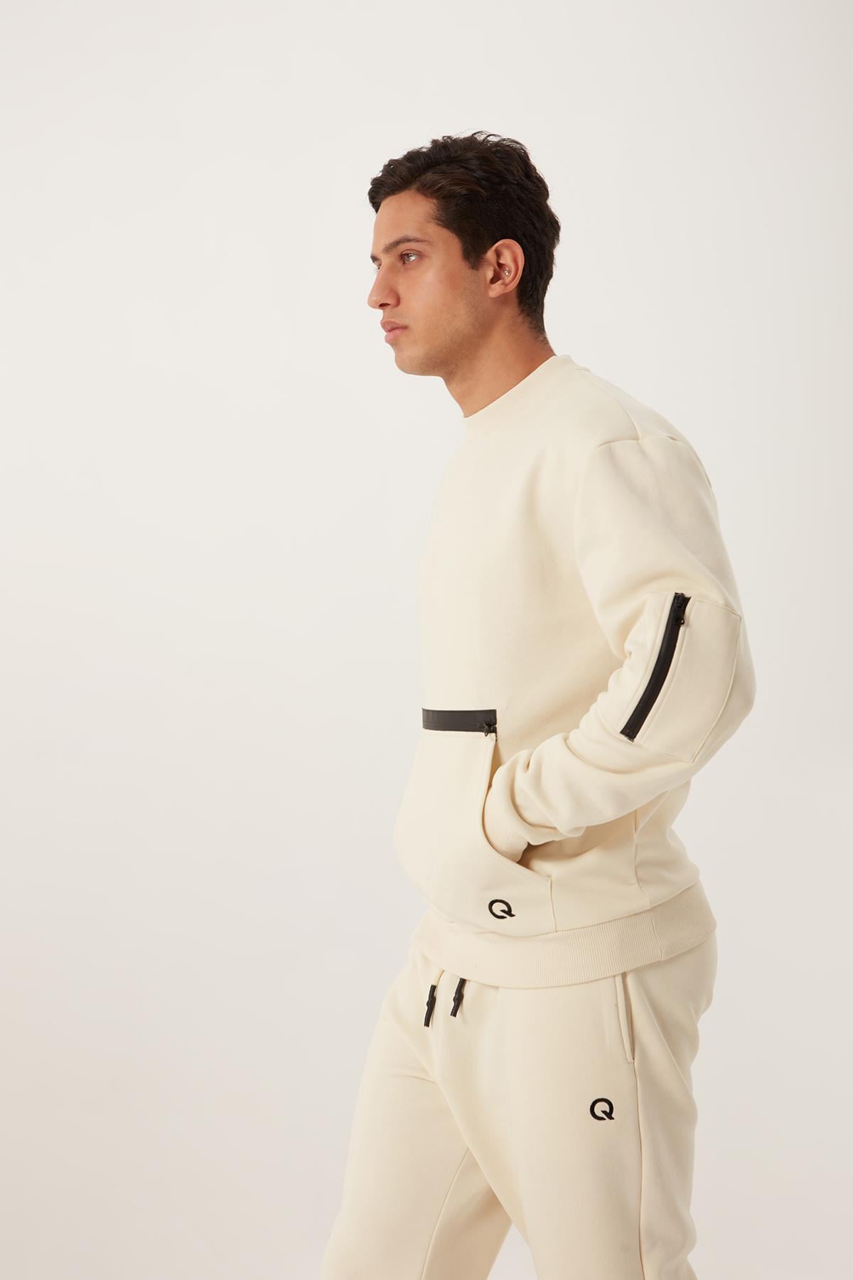 Erkek Fermuar Detaylı Sweatshirt Beyaz
