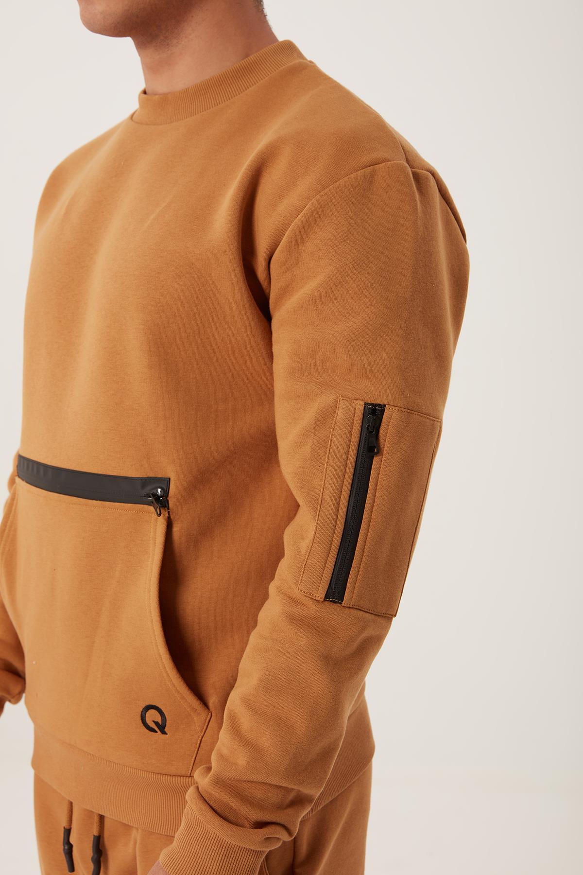 Erkek Fermuar Detaylı Sweatshirt Kahverengi