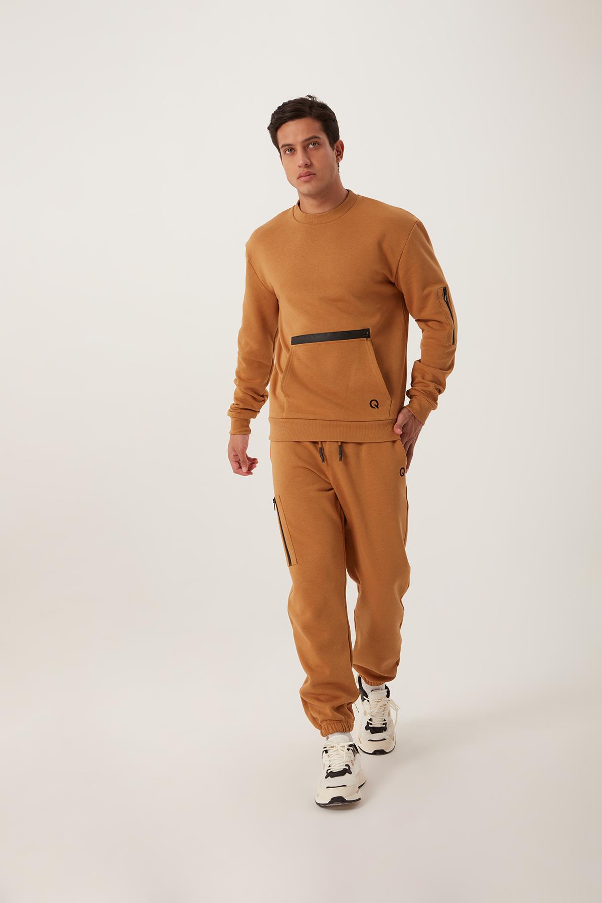 Erkek Fermuar Detaylı Sweatshirt Kahverengi
