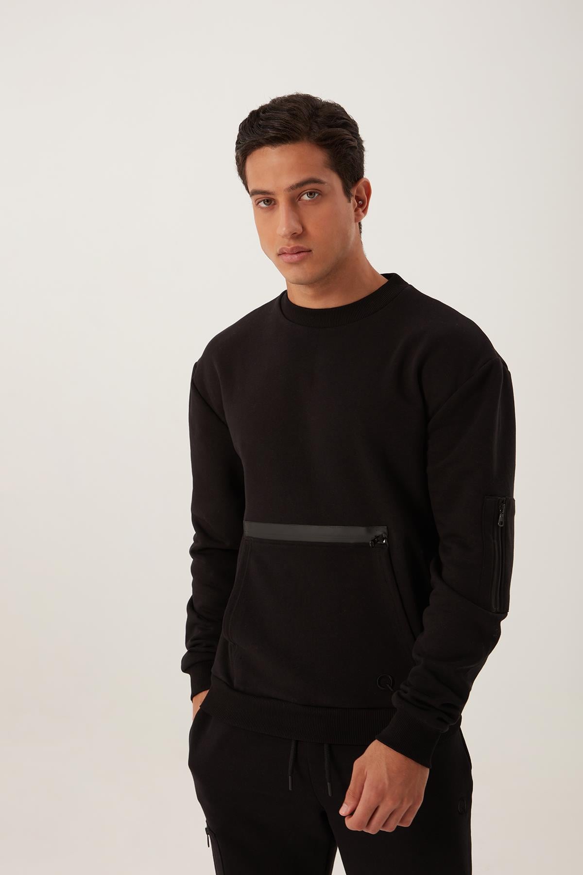 Erkek Fermuar Detaylı Sweatshirt Siyah