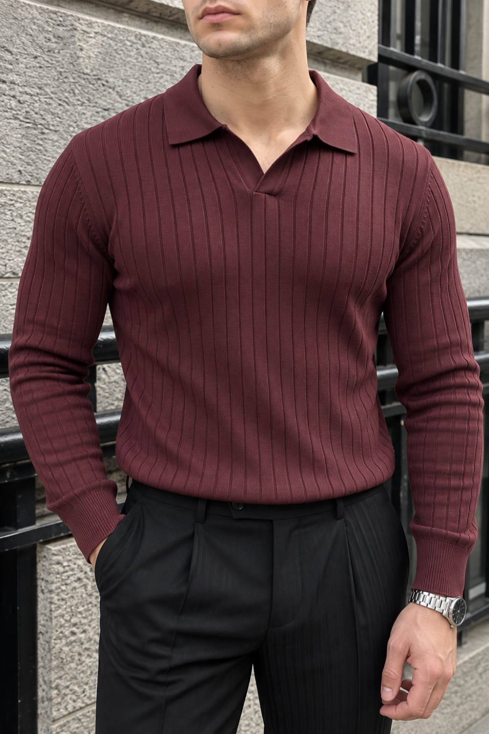 Erkek Fitilli Polo Yaka Uzun Kollu Triko Kazak - Bordo Bordo