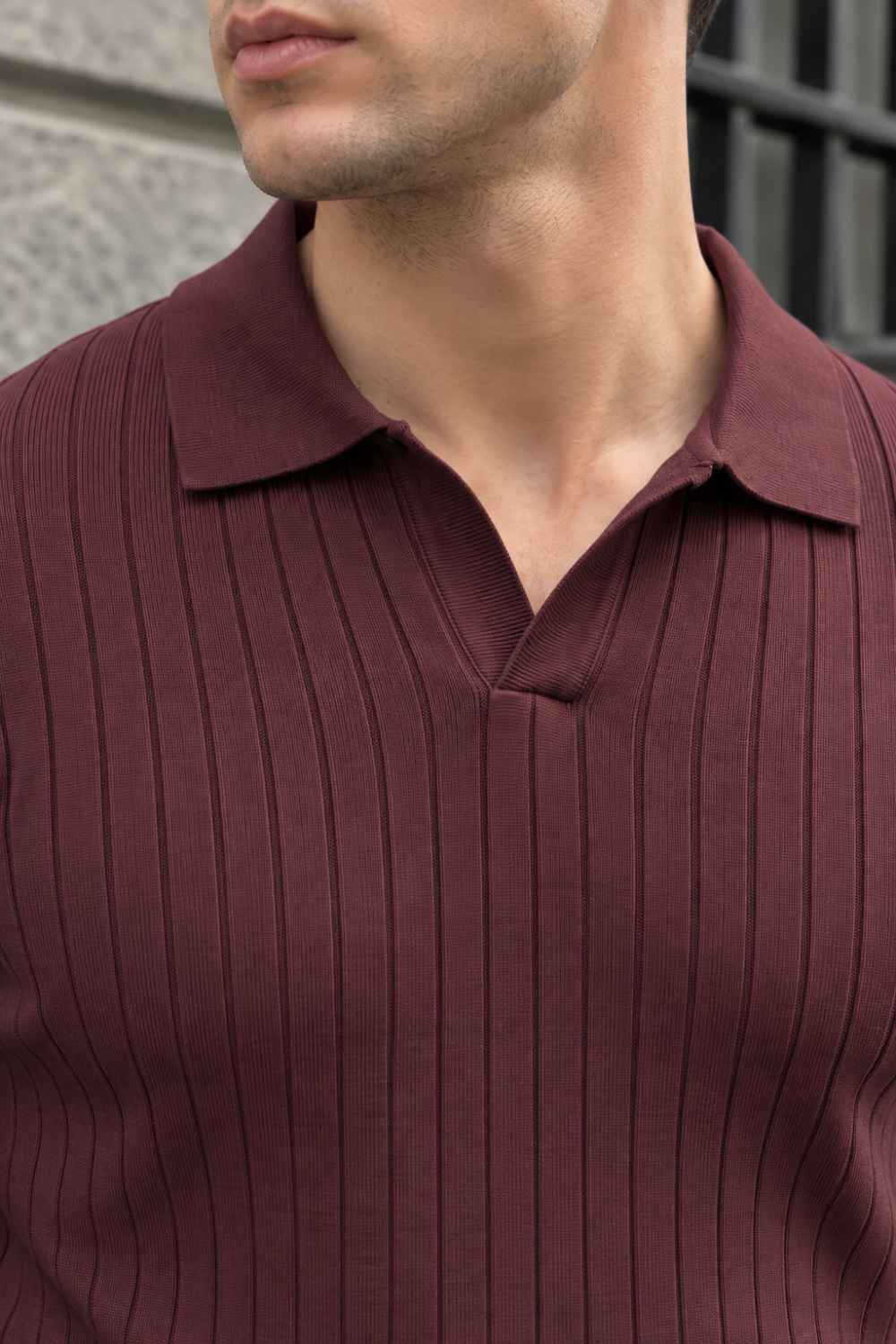 Erkek Fitilli Polo Yaka Uzun Kollu Triko Kazak - Bordo Bordo