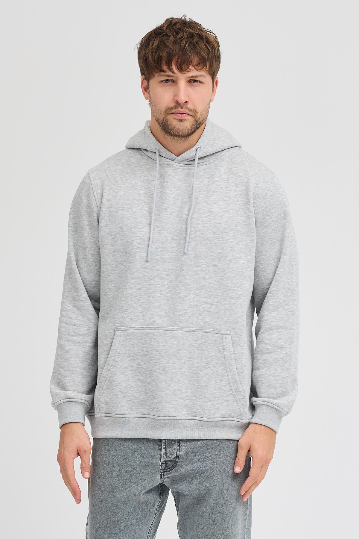 Erkek Gri Melanj Standart Fit Normal Kesim Içi Polarlı 3 Iplik Kapüşonlu Pamuklu Sweatshirt