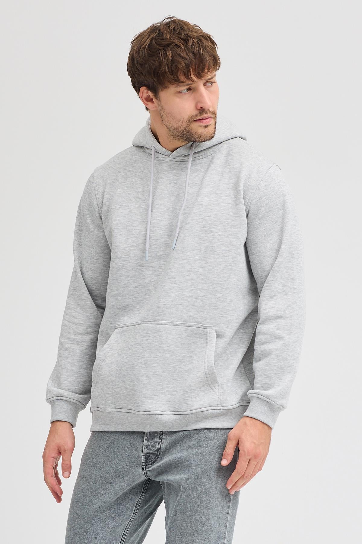 Erkek Gri Melanj Standart Fit Normal Kesim Içi Polarlı 3 Iplik Kapüşonlu Pamuklu Sweatshirt