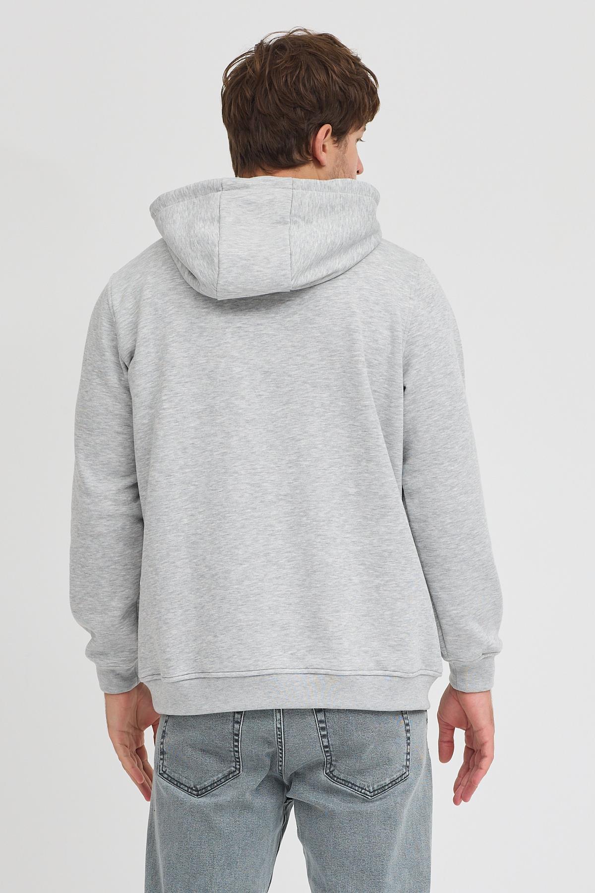 Erkek Gri Melanj Standart Fit Normal Kesim Içi Polarlı 3 Iplik Kapüşonlu Pamuklu Sweatshirt