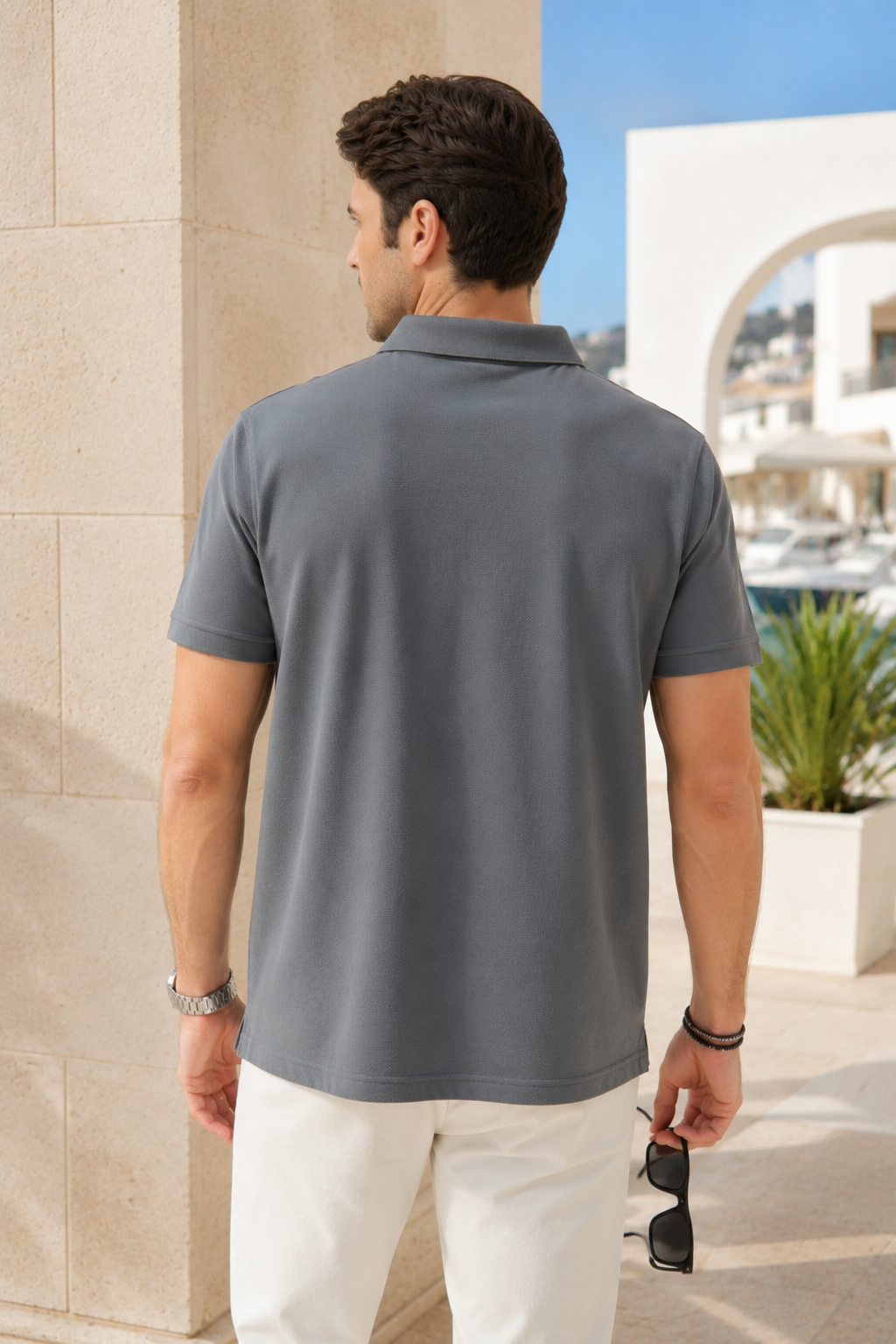 Erkek Gri Polo Yaka Nakışlı Pike T-Shirt