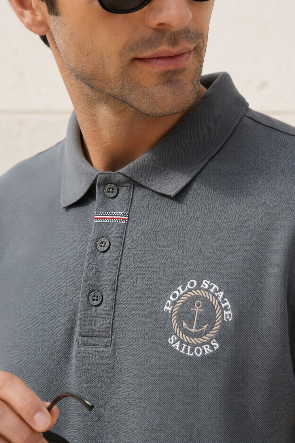 Erkek Gri Polo Yaka Nakışlı Pike T-Shirt