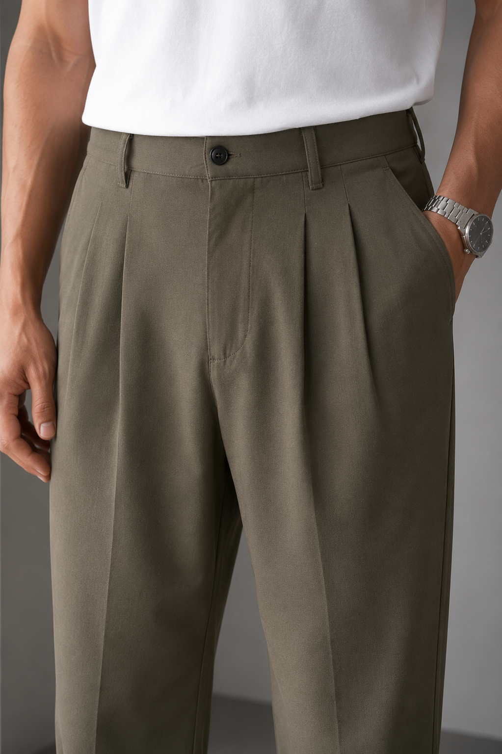 Erkek Haki Baggy Fit Pileli Kumaş Pantolon