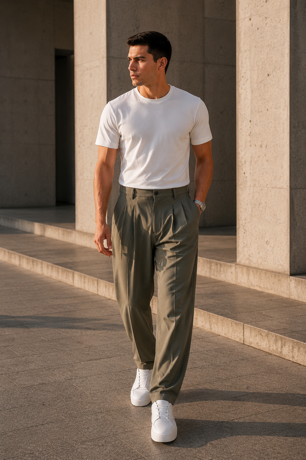 Erkek Haki Baggy Fit Pileli Kumaş Pantolon