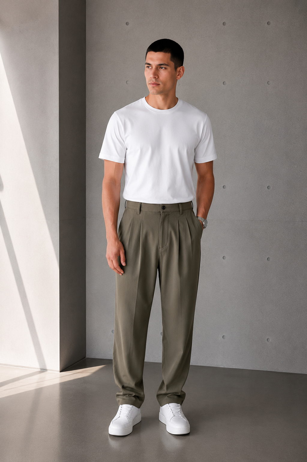 Erkek Haki Baggy Fit Pileli Kumaş Pantolon