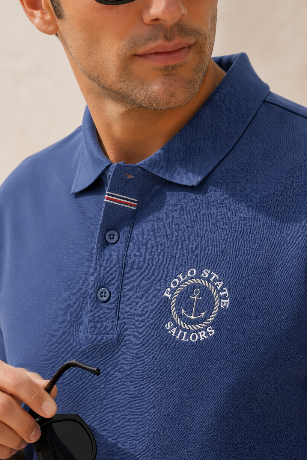 Erkek İndigo Polo Yaka Nakışlı Pike T-Shirt
