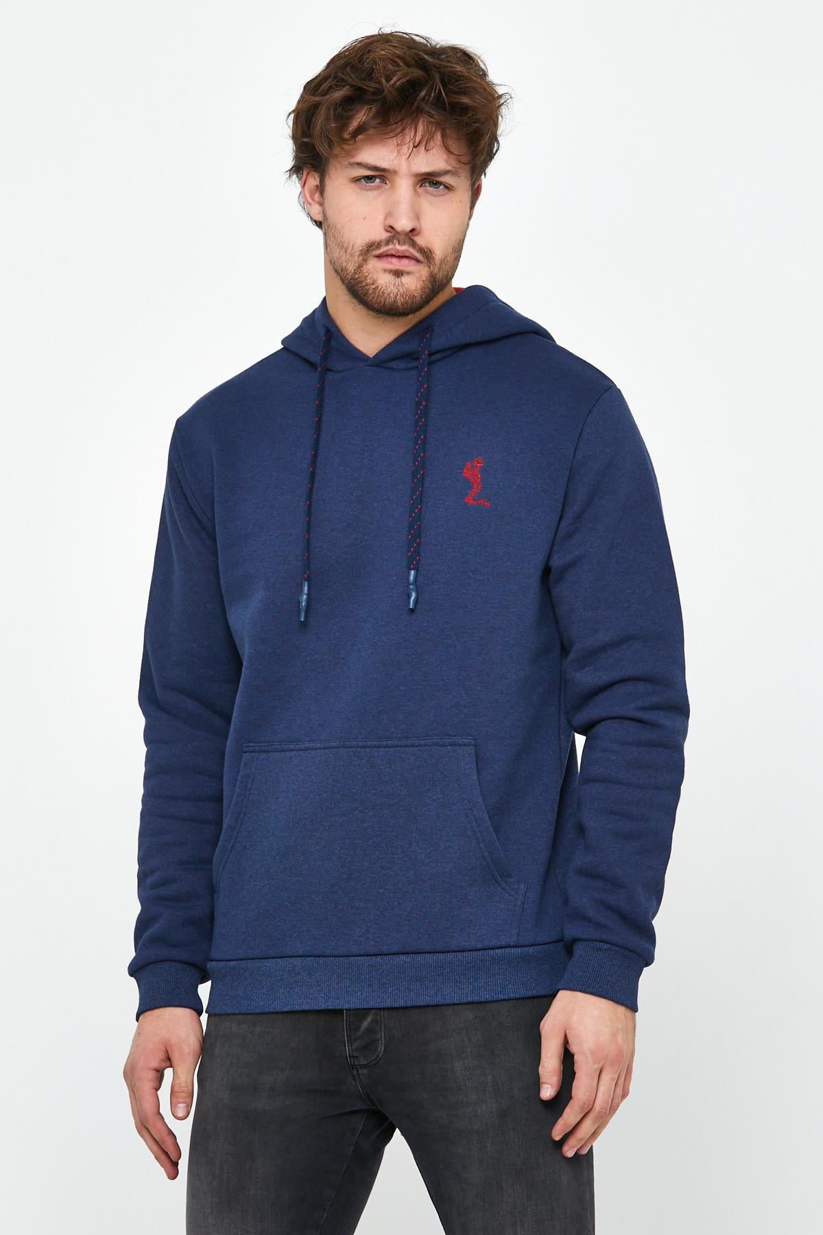 Erkek İskelet Nakışlı 3 İplik Kapüşonlu Sweatshirt İndigo