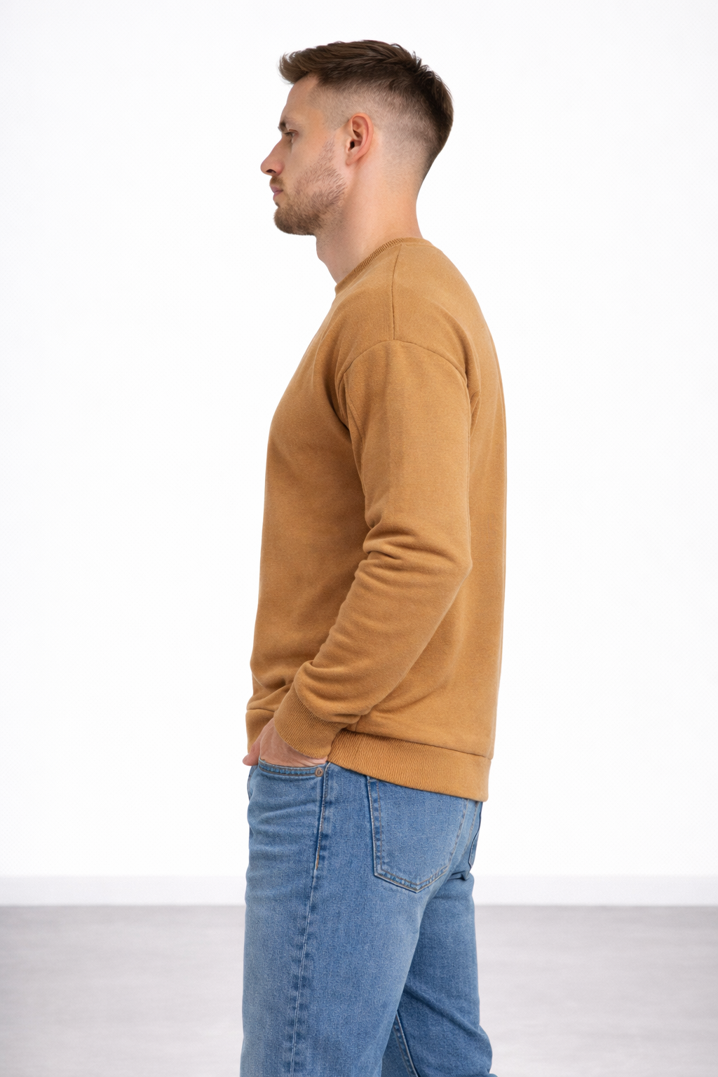 Erkek Kahverengi 3 İplik Şardonlu Kalın Basic Bisiklet Yaka Oversize Sweatshirt