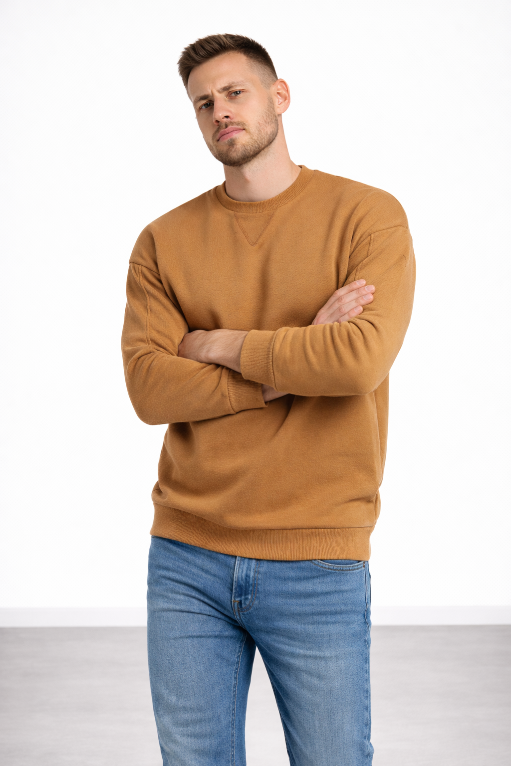 Erkek Kahverengi 3 İplik Şardonlu Kalın Basic Bisiklet Yaka Oversize Sweatshirt