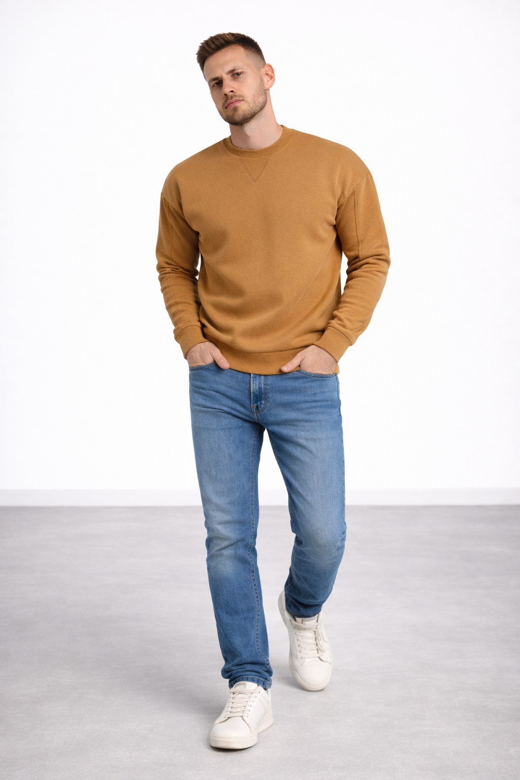 Erkek Kahverengi 3 İplik Şardonlu Kalın Basic Bisiklet Yaka Oversize Sweatshirt