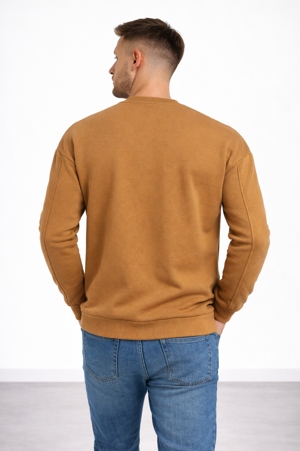 Erkek Kahverengi 3 İplik Şardonlu Kalın Basic Bisiklet Yaka Oversize Sweatshirt