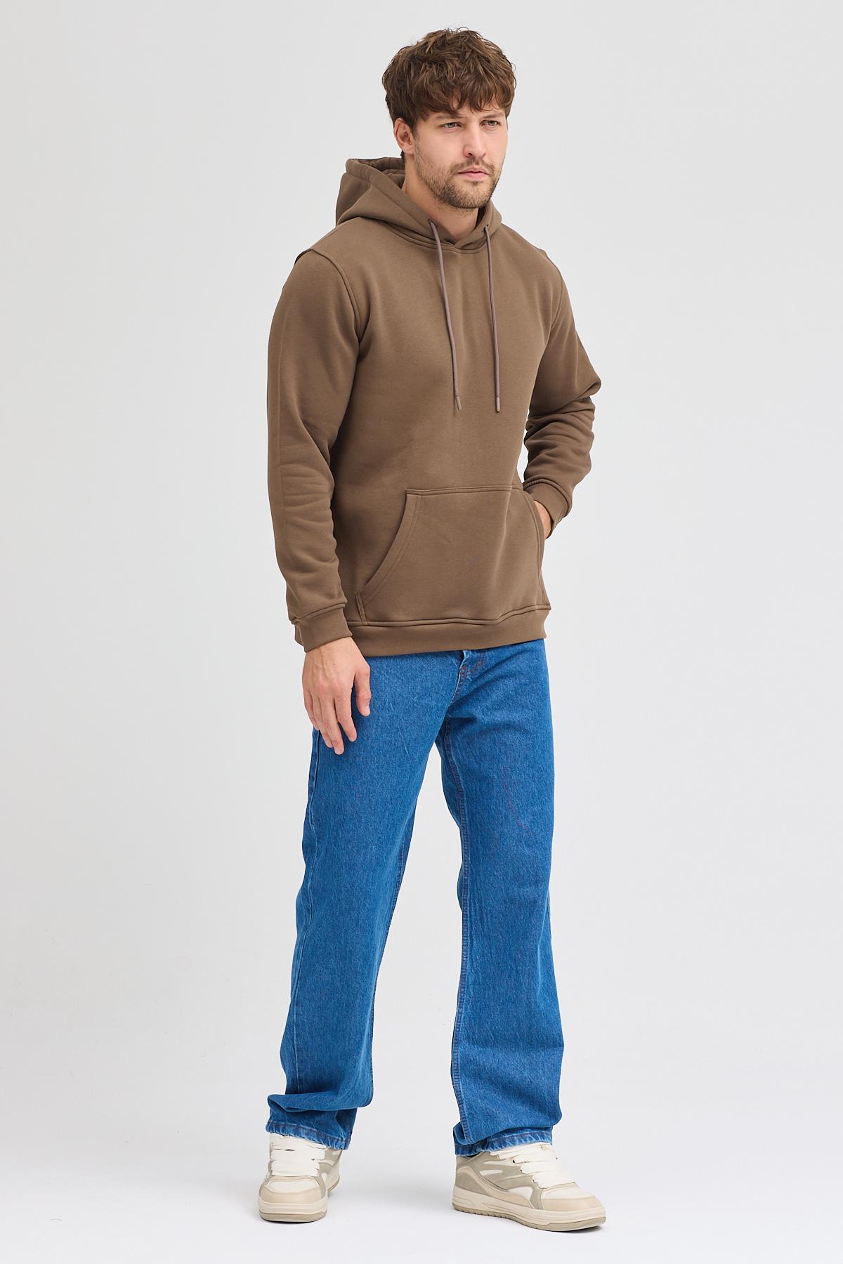 Erkek Kahverengi Standart Fit Normal Kesim Içi Polarlı 3 Iplik Kapüşonlu Pamuklu Sweatshirt